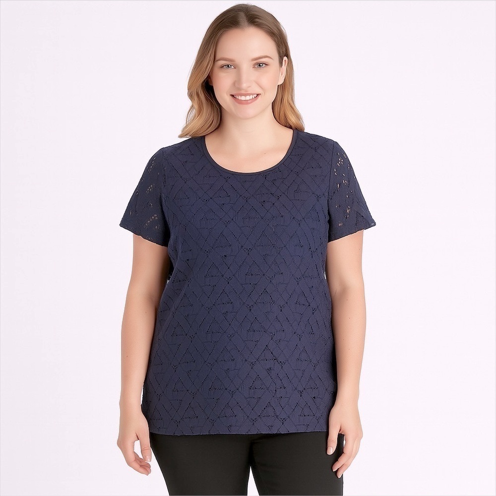 ANDREW Marc New York Top Black Eyelet Short Sleeve Crew Neck Small
